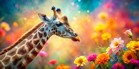 Macro Watercolor Giraffe with Floral Surround - Artistic Wildlife Stock Photo
