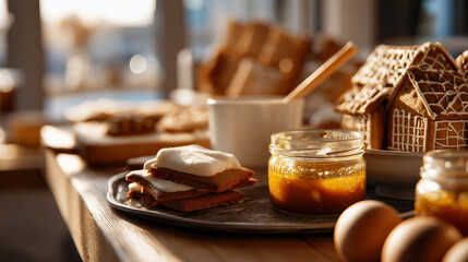 Gingerbread house pieces laid out for assembly Christmas baking project structural cookies icing mortar preparation holiday tradition construction materials defocused with