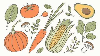 A soft, sketch-style illustration of assorted vegetables and herbs including pumpkin, tomato, carrot, corn, avocado, mushrooms, chili, and leafy greens ideal for healthy food or garden-themed visuals.