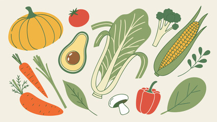 A colorful flat-style illustration of fresh vegetables. Includes pumpkin, tomato, avocado, corn, zucchini, carrot, celery, bok choy, asparagus, bell pepper, mushroom, radish, pea pod, onion.