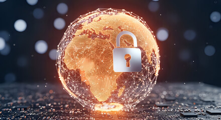 Secure global network with digital globe and open padlock showcases cybersecurity and data protection for international business needs