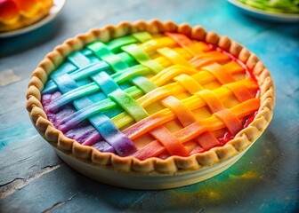 Magical Rainbow Lattice Pie: Pastel Glow, Multicolored Filling, Hyper-Detailed Stock Photo