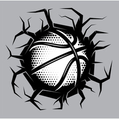 Black and white basketball ball breaking through cracked wall design symbolizing power energy motion and dynamic sport concept.