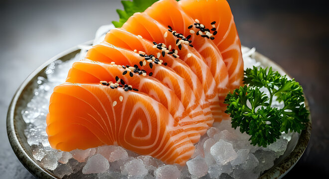 Fresh salmon sashimi served over crushed ice with parsley garnish for upscale restaurant menus and culinary blog posts or seafood recipes