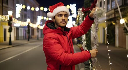 Person Decorating City Street for Christmas at Night.