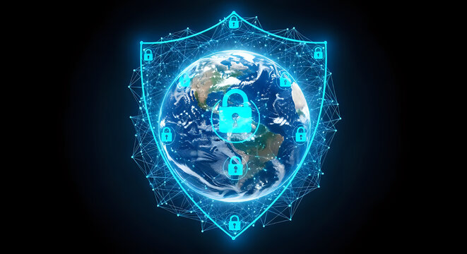 Secure global network protecting Earth with robust cybersecurity measures for data privacy and digital safety now offering peace of mind