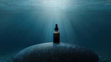 Illuminated Bottle on Stone Underwater with Dropper in Focus