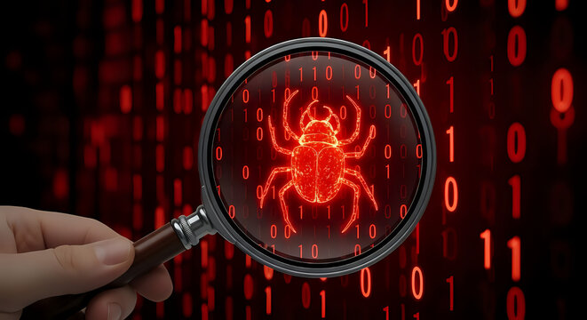 Urgent cyber threat scan reveals dangerous bug in system code with a magnifying glass searching for vulnerabilities now - Powered by Adobe