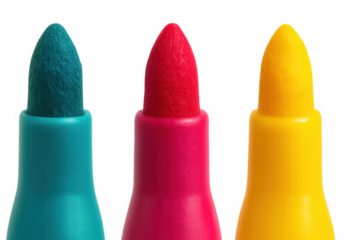 Colorful felt-tip markers on transparent background, showing blue, red, and yellow tips for coloring and drawing