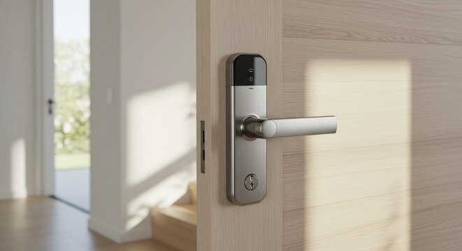 Smart door lock on modern wooden door with natural light  