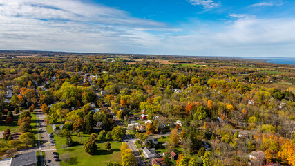 Trumansburg, NY, USA - October 17, 2025:  Aerial photo over the Village of Trumansburg, NY.