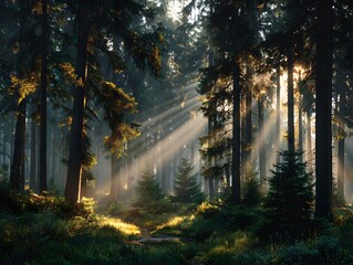 Obraz premium Breathtaking wide shot of a tranquil forest at dawn, with brilliant golden sunbeams cutting through the tall trees and illuminating the morning mist.