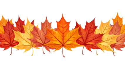 Seamless border of colorful autumn maple leaves isolated on transparent background perfect for fall-themed designs and decorations
