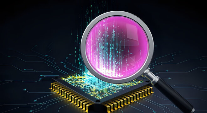 Analyzing modern technology using a magnifying glass for code review and data analysis, a futuristic tech concept for digital advancements