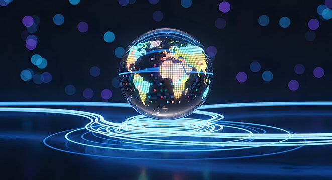 Global digital network concept showcases worldwide connectivity with vibrant earth globe and dynamic blue light trails for modern business