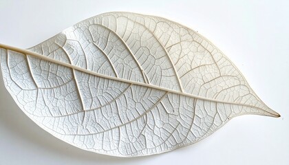 Close-up of a delicate white skeleton leaf with intricate vein patterns on a light background, showcasing natural beauty and fragility.