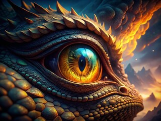 Naklejka premium Majestic Dragon Eye Close-Up: Aerial Fantasy Photography