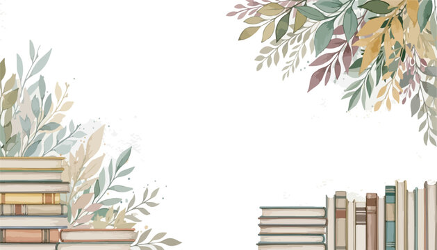 Watercolor frame background with old books and decorative vintage botanical foliage border