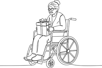 Elderly woman smiling while sitting in wheelchair holding gift box - Concept of line vector style, transparent background  