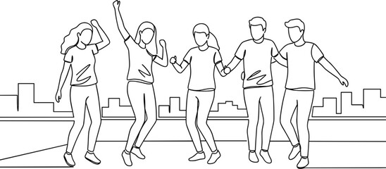 Group of friends dancing joyfully in line vector style, transparent background  