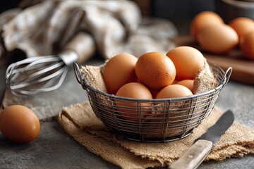 Rustic basket of fresh brown eggs with whisk and knife