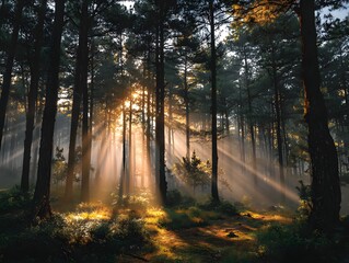 Obraz premium Breathtaking wide shot of a tranquil forest at dawn, with brilliant golden sunbeams cutting through the tall trees and illuminating the morning mist.