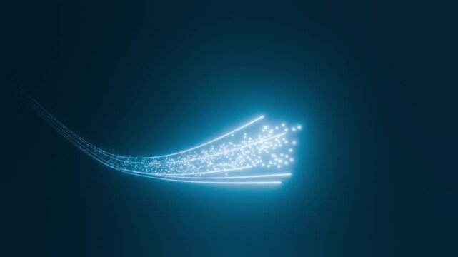 水色の光の粒子と線が流れ星のように流れて消えていくアニメーション。綺麗なパーティクルの4Kの背景動画