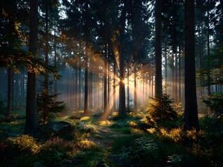 Naklejka premium Breathtaking wide shot of a tranquil forest at dawn, with brilliant golden sunbeams cutting through the tall trees and illuminating the morning mist.