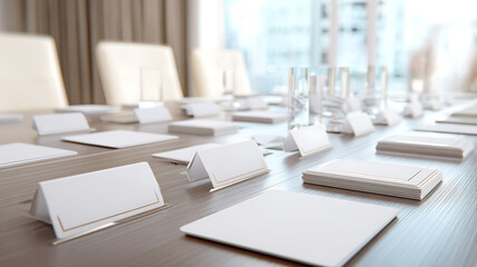 Naklejka premium Formal Meeting Room with Blank Name Cards on Tabletop - Mockup Space for Corporate Conference