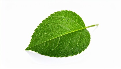 Obraz premium Fresh green leaf with water drops on white background, perfect for nature, ecology, and healthy lifestyle concepts