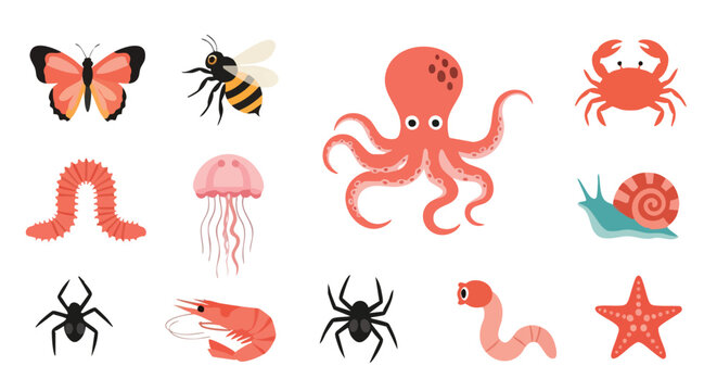 Flat Vector Set of Invertebrate Animals &mdash; Marine and Land Species Illustration