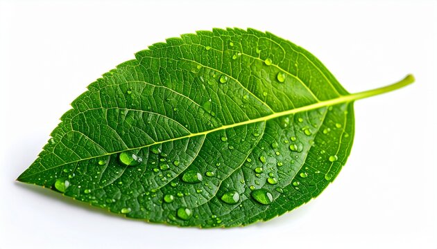 Fresh green leaf with water drops on white background, close-up. Nature, freshness, and growth concept. - Powered by Adobe