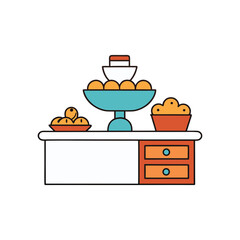 Retro kitchen counter display with fresh fruit bowl and cupcakes overhead view vector