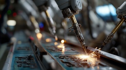 Close-up of a robotic arm performing high-precision soldering or welding on a circuit board assembly line.