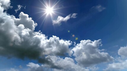 A bright blue sky with fluffy cumulus clouds and a shining sun at its zenith. A sunny summer day, clear weather.