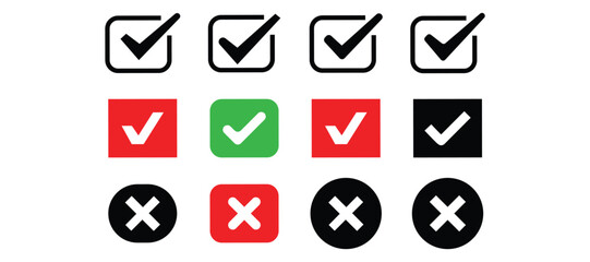 Check mark icon button set, colorful check box and black cross sign and symbol, vector illustration check marks and cross sign icon, 