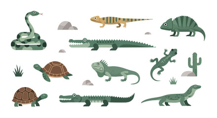 Naklejka premium Flat Reptile Vector Collection with Crocodile, Lizard, Snake, Turtle, Iguana, and Chameleon Illustration
