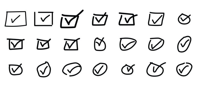 Black line hand-made check mark icon set, check box vector isolated on a white background, check doodle sign and symbol, 