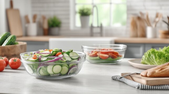 Preparing fresh vegetable salads home kitchen culinary photography bright environment close-up view healthy eating