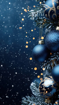 Elegant Christmas scene with blue ornaments and sparkling lights in the snow.