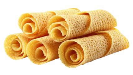 Crispy wafer rolls with chocolate filling showing sweet dessert snack and crunchy layered texture isolated on white background