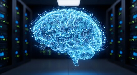Digital brain hologram in futuristic server room environment