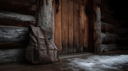 A weathered backpack rests by the wooden door of a rustic log cabin in winter