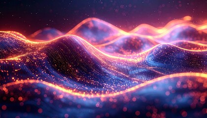 Abstract digital art showing flowing wave-like forms rendered in blue and orange. Sparkling particles add depth and texture to the scene