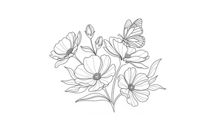 Minimalist Line Art of Flowers and Butterfly &mdash; Elegant Black and White Continuous Line Drawing No.2