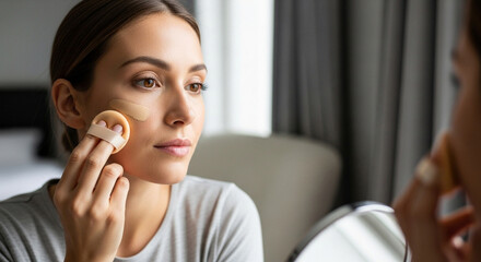 Woman applying foundation near window for natural makeup look, beauty routine in bedroom setting