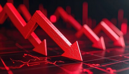 Red Arrows of Descent: A visual representation of market downturn, depicting multiple red arrows pointing downward against a backdrop that evokes a sense of financial distress.
