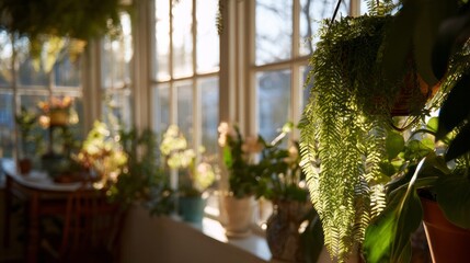 Sunlight spills over a lush window enclave, igniting ferny fronds, crafting nature's nook for Earth Day mindfulness