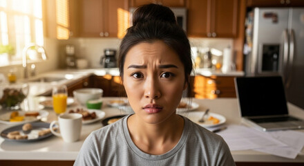 Overwhelmed young Asian woman in bright kitchen with cluttered countertop, stress and anxiety at home