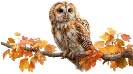 Illustration of tawny owl showing detailed feather texture and big expressive eyes of nocturnal bird isolated on white background
